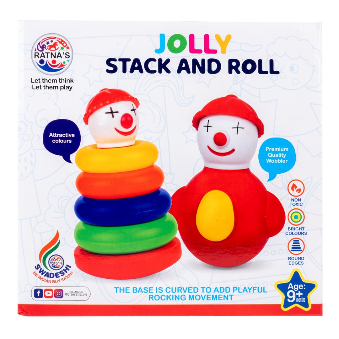 Ratna's Jolly Stack & Roll Joker Face 2 in 1 Set of Stacking Rings & Roly Poly Rattling Toys for Toddlers and Preschoolers