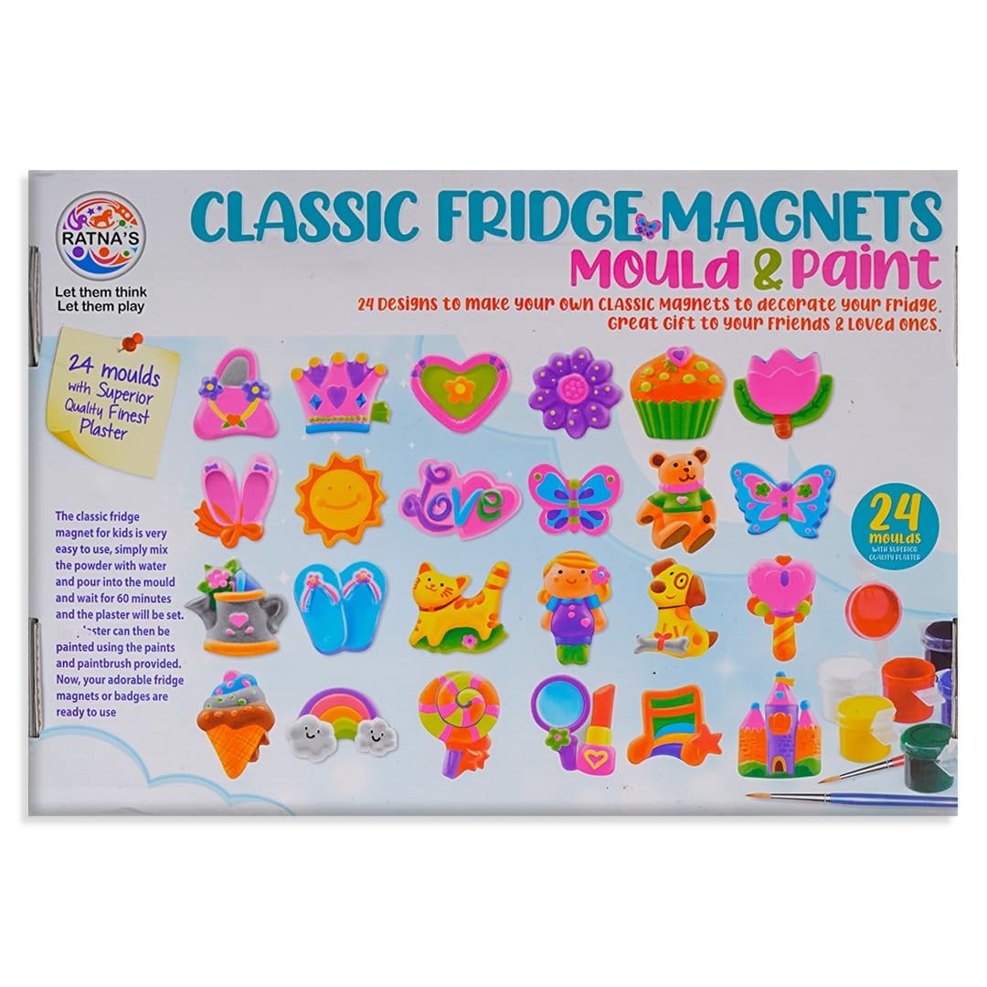 Ratna's Classic Fridge Magnets Mould & Paint Senior DIY Kit - Create 24 Adorable Plaster Fridge Magnets & Badges - Fun Craft Activity for Kids & Adults