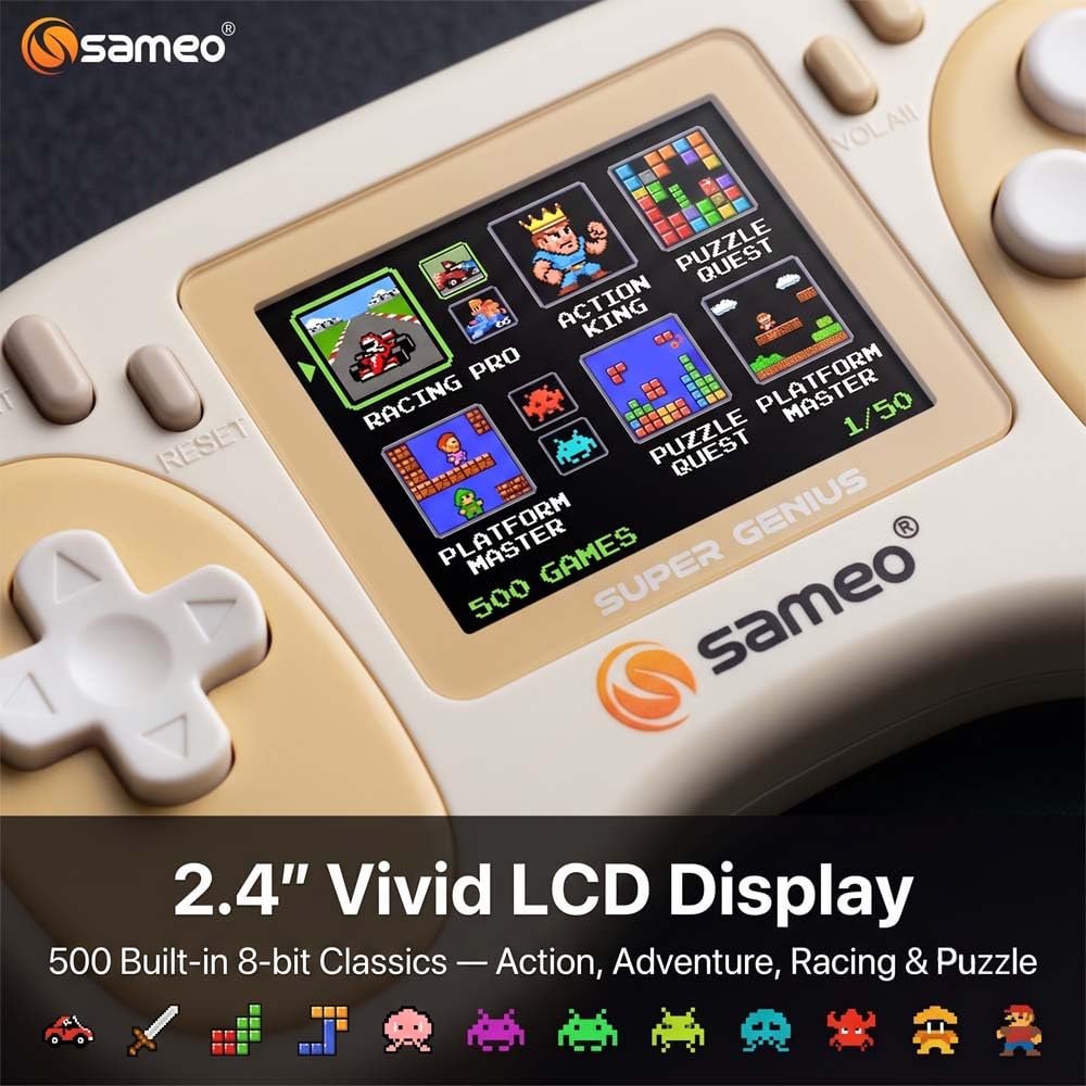 Sameo Super Genius Handheld Gaming Console | 500+ Built-in Classic Retro 8-Bit Games | 2.4" LCD Color Display | Portable Gaming Device for Kids & Adults - Assorted