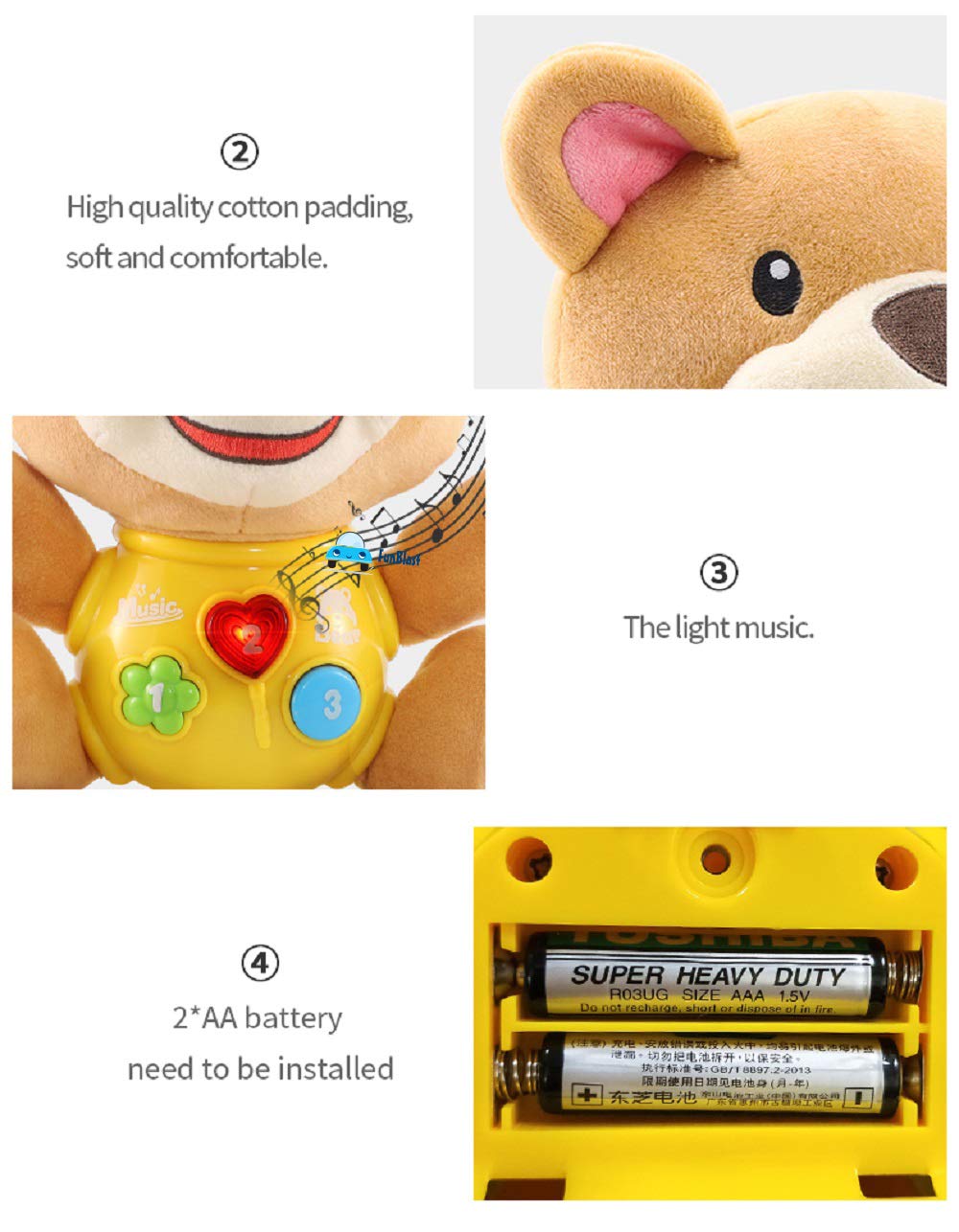 Musical Bear, Elephant & Monkey Baby Toys for Kids – LED Lights, Early Learning, Battery Operated Animal Figure Soft Toys