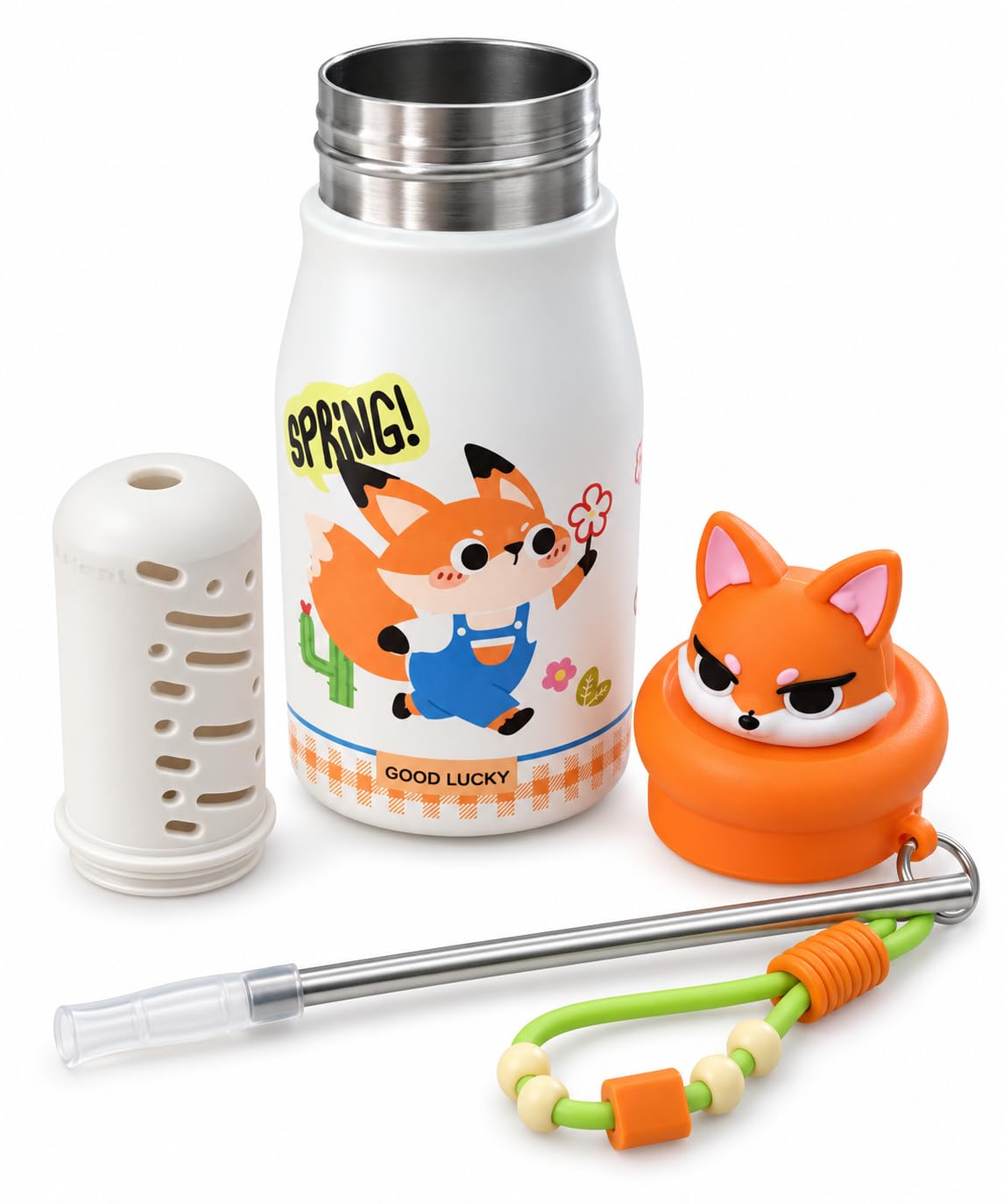 Cute Cartoon Character Stainless Steel Water Bottle with Straw, Infuser & Carrying Strap – Insulated Hot & Cold Drink Flask for Kids, School & Travel - 500ML