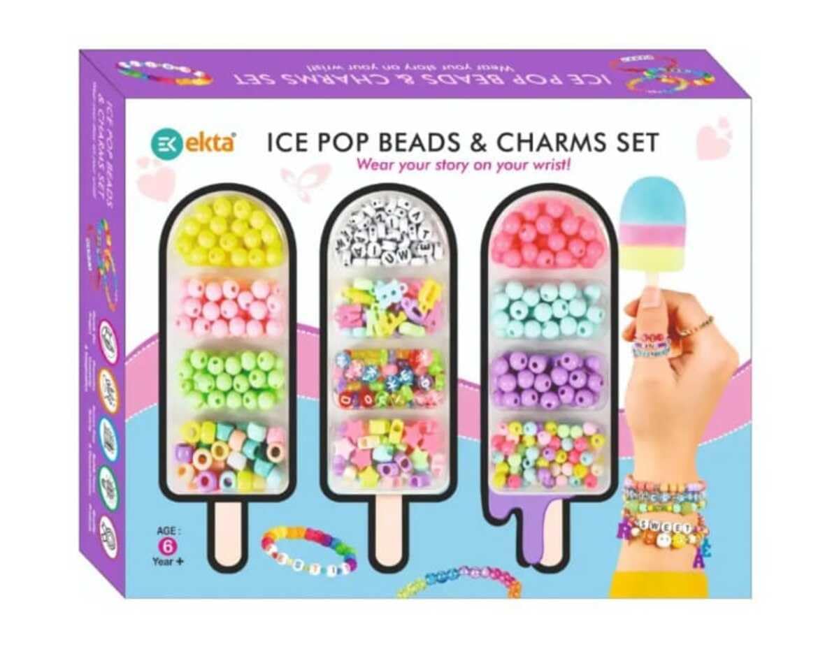 EKTA DIY Ice Pop Beads & Charms Set for Kids – Create Rings & Bracelets | No String Needed | Reusable & Snap-Together Jewelry Making Kit | Arts & Crafts Gift for Girls & Boys