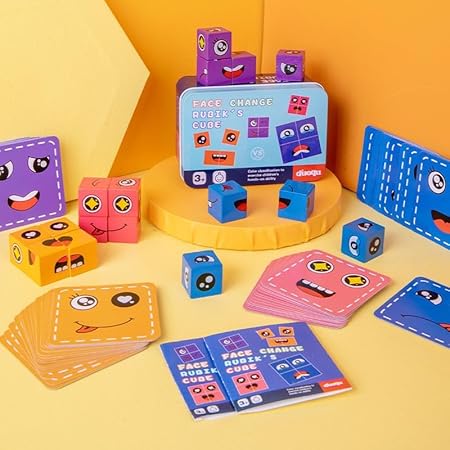 Wooden Magic Face-Changing Cube Puzzle for Kids 3+ years.This Matching Toy comes with 16 Cubes, 64 Challenge Cards & a single box, and an instructional manual | Family Board Games for Kids