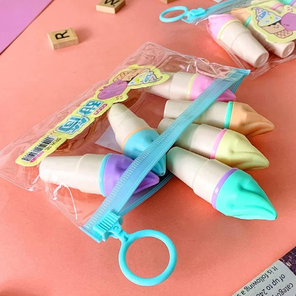 Colorful Softy Ice Cream Marker/Highlighter Pen Stationery Pouch Set Ideal for Gifting Kids and Children's Birthday - Pack of 2 Pcs