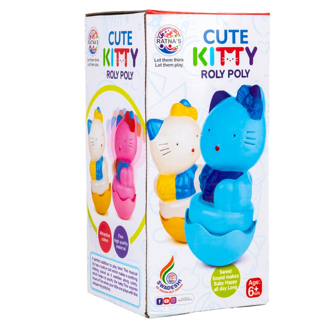 Ratna's Cute Kitty Roly Poly Push and Shake Wobbling Bell Sounds Musical Rattle Toy for Babies & Toddlers