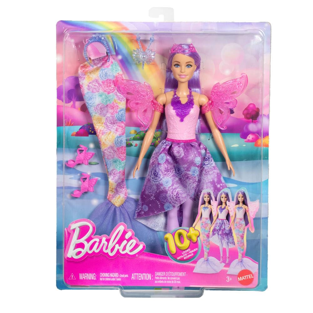 Barbie Doll with Clothes & Accessories, Fantasy Fashion Pack with 8 Accessories Including Mermaid Tail, Fairy Wings, Royal Necklaces, Shoes & More
