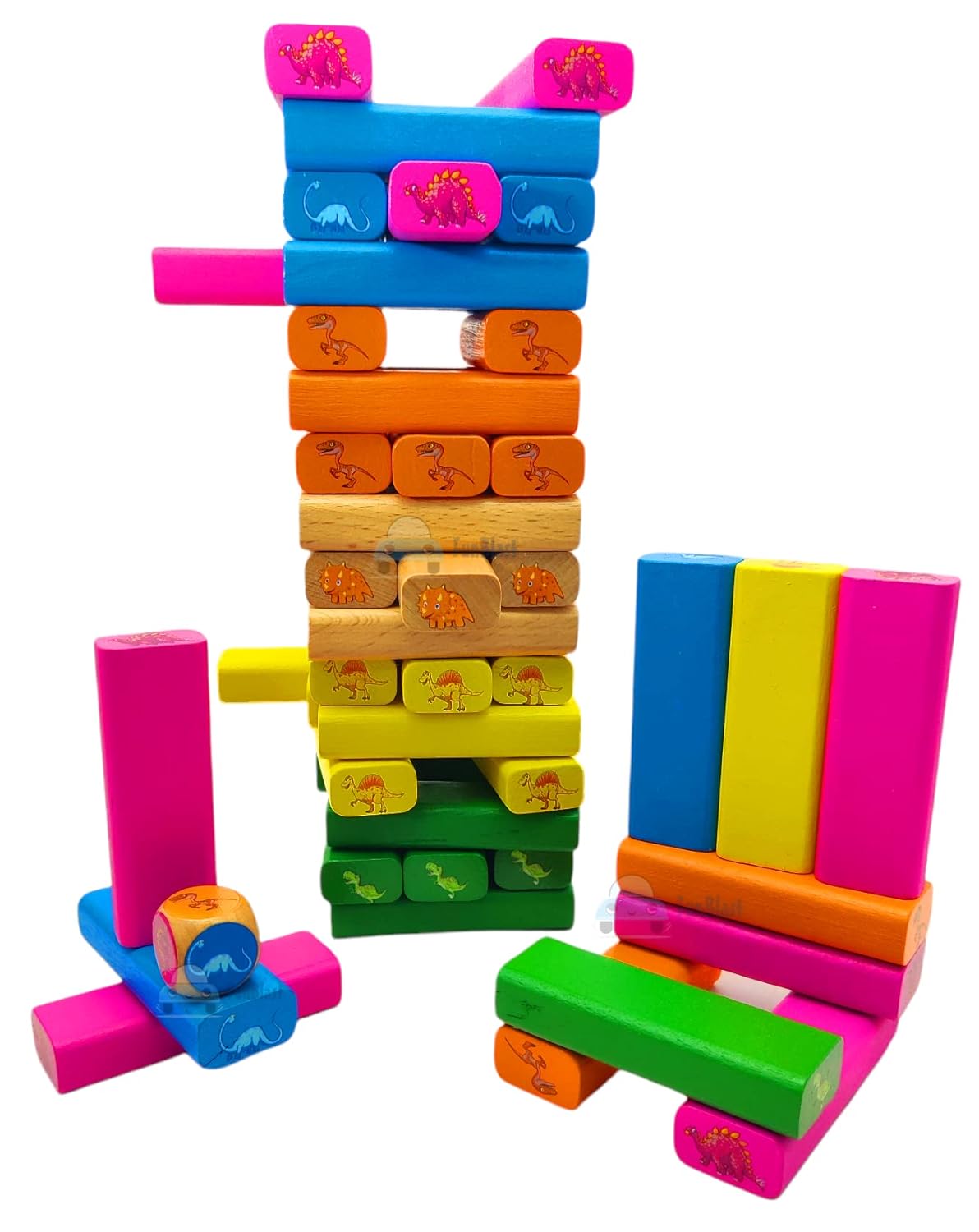 Wooden Unicorn/Dinosaur Tower Game: Tumbling Blocks Set with 54 Pieces