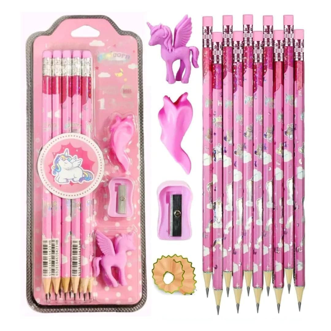 Unicorn Dream Stationery Set for Kids & Students – Includes 10 Pencils, 1 Sharpener, 1 Eraser, 1 Pencil Grip