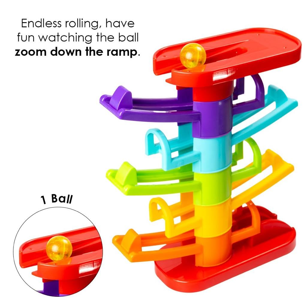 Ratna's 2 in 1 Zoom & Boom Track Car Ramp - 5 Layer Ball Drop & Roll Swirling Tower Toy Set