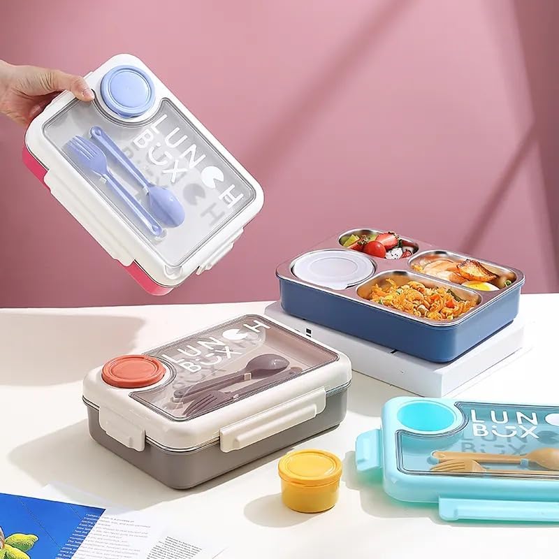 Leak Proof Lunch Box with Bowl & Spoon, Tiffin Box with Removable Inner Plate for School & Office , 3 Compartment, Assorted Colour