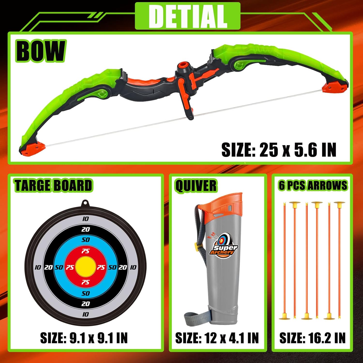 Archery Play Set with Luminous Bow, Toy Set with LED Light, Target and Quiver, Indoor & Outdoor Toy for Kids