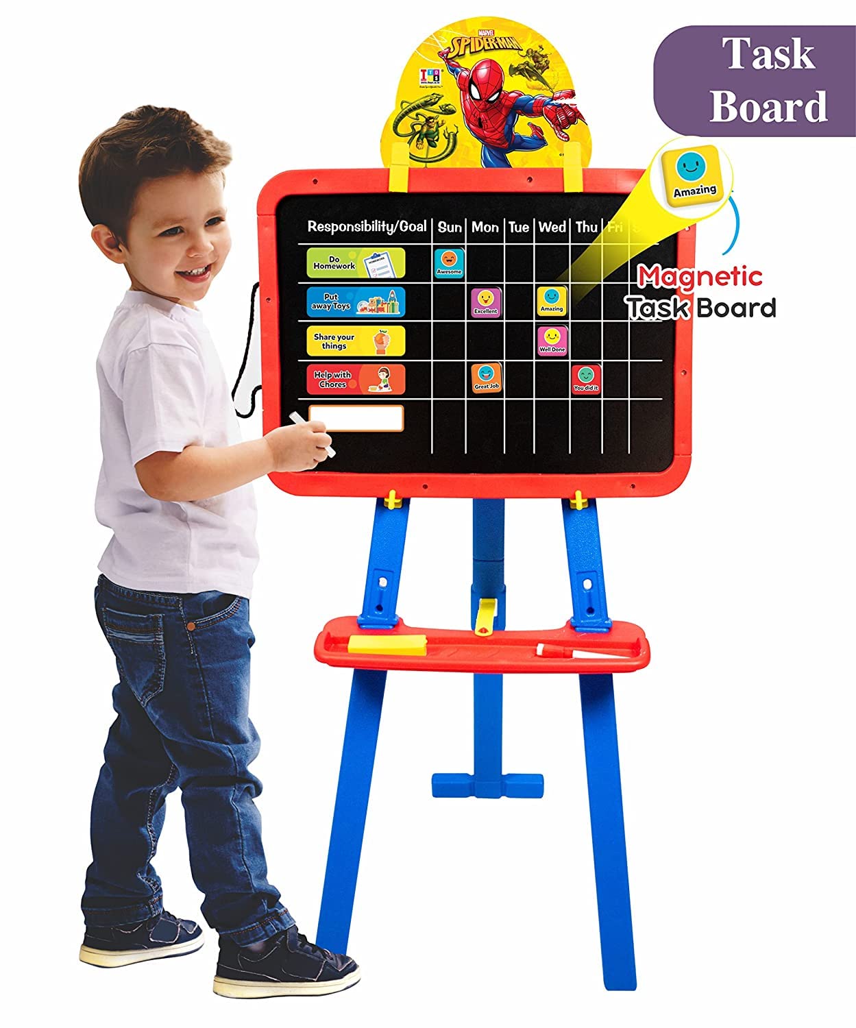 Itoys Spiderman Kids 5 in 1 Easel with Double-Sided Whiteboard & Chalkboard Standing Easel with Numbers and Other Accessories for Kids and Toddlers