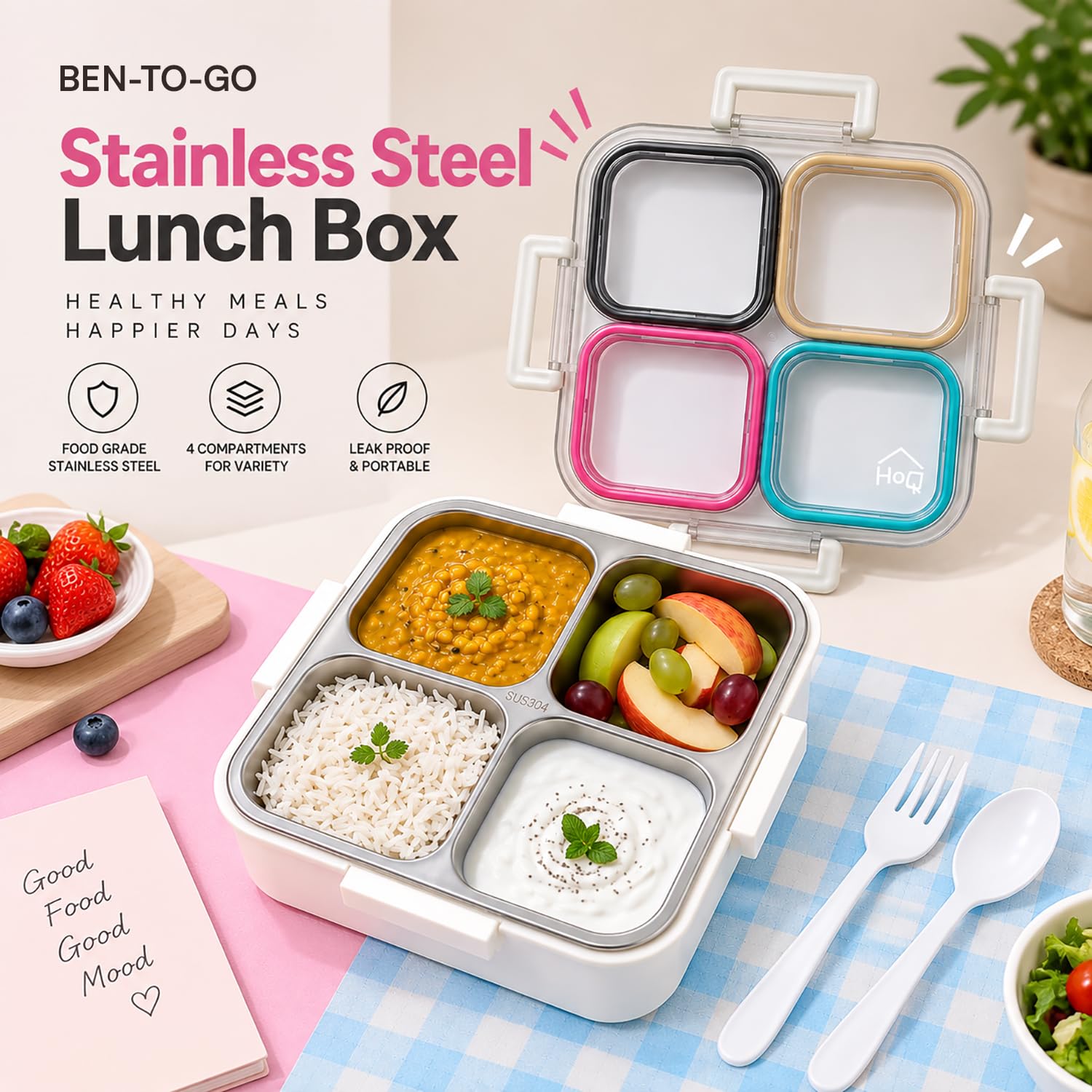 Stainless Steel Lunch Box 4 Grid - White
