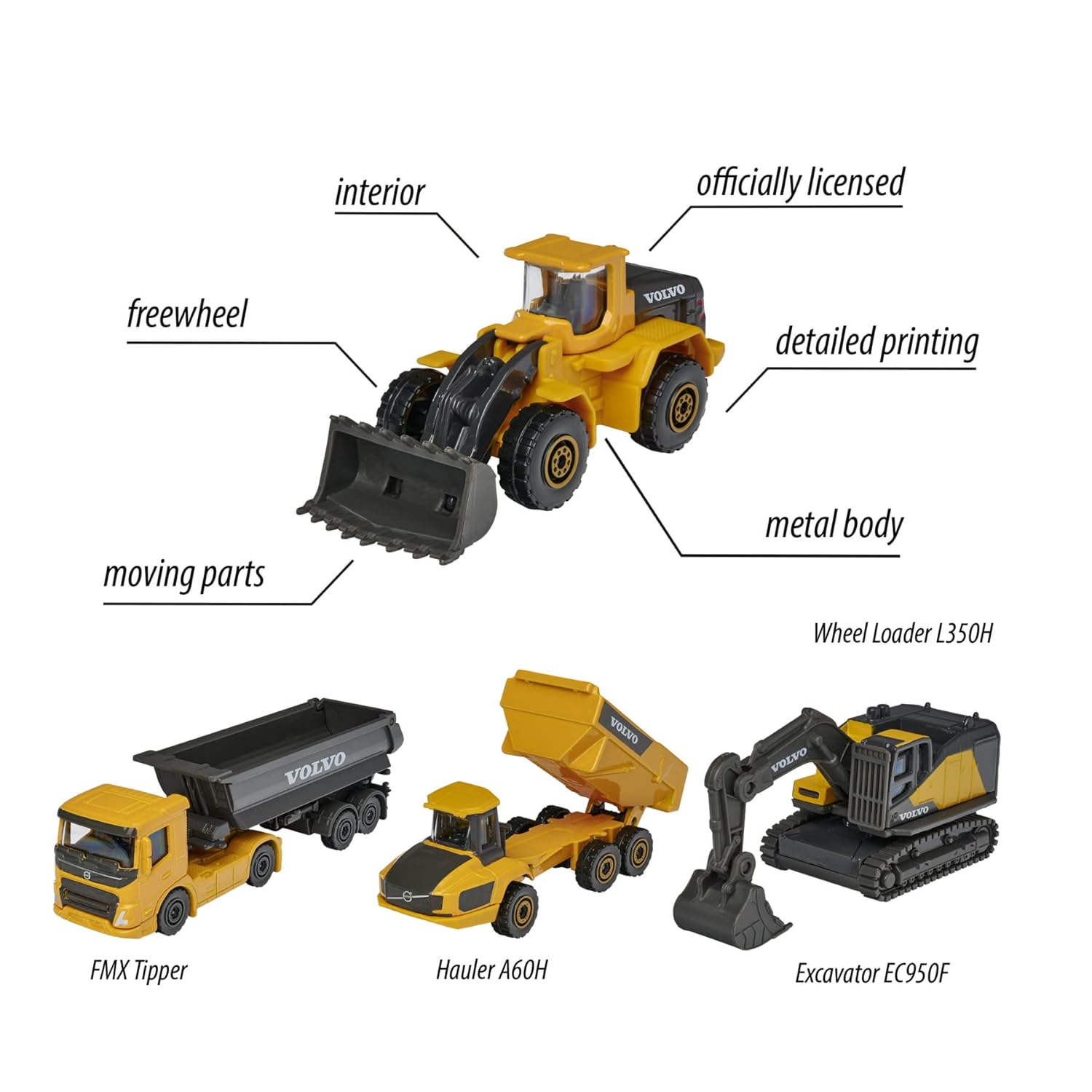 Majorette Volvo Construction Vehicle Toy Set – Excavator, Wheel Loader, Dump Truck, Articulated Hauler