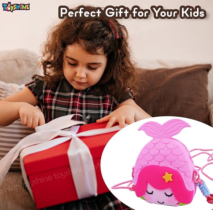 Mermaid Shape Silicone Purse for Girls Stylish Cross Body Bag with Adjustable Strap with Compact Mirror, Comb and Keychain Included - Pink