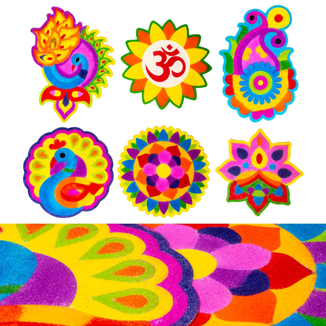 Ratna's Rangoli Mandala Art - 8 Sticky Sheets with 10 Rangoli Color Powder - DIY Creative Activity Kit for Kids & Adults