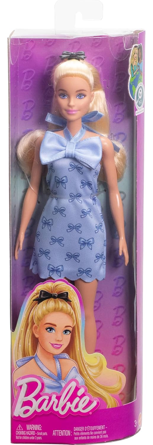 Barbie Fashionistas Doll #237 with Wavy Blonde Ponytail Wearing Blue Bow Halter Dress, Black Hair Bow Accessory and Matching Blue Heels