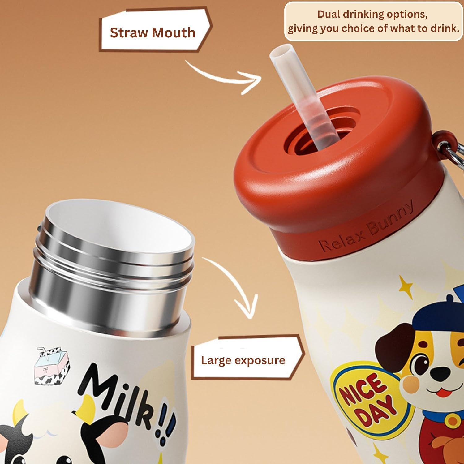 Cute Cartoon Character Stainless Steel Water Bottle with Straw, Infuser & Carrying Strap – Insulated Hot & Cold Drink Flask for Kids, School & Travel - 500ML