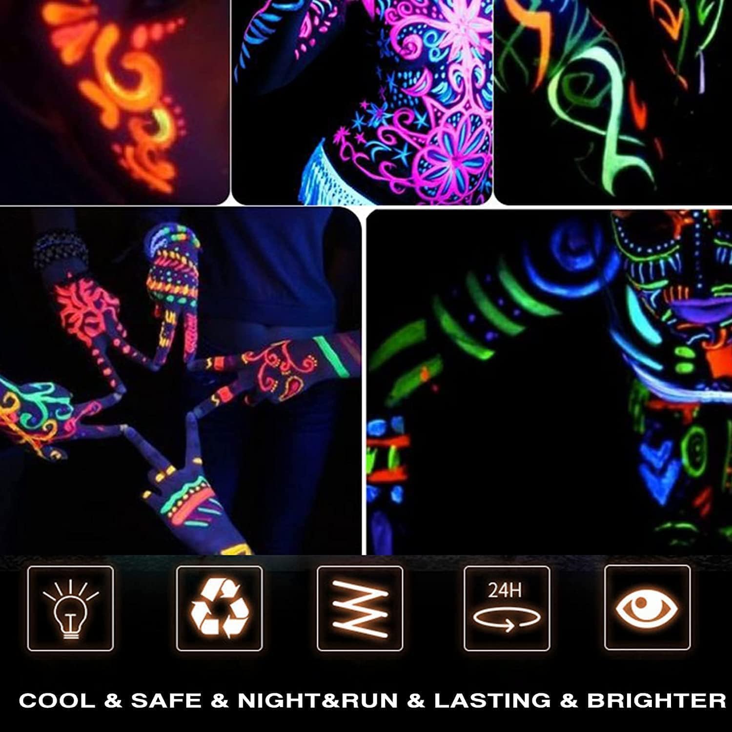 Glow in The Dark Paint Brightest Glow Under UV Fluorescent Neon Face Body Paint, Glow Neon Colors for Dark Party, Makeup, Festival, for Adults and Kids 25ml, Pack Of 3 Assorted
