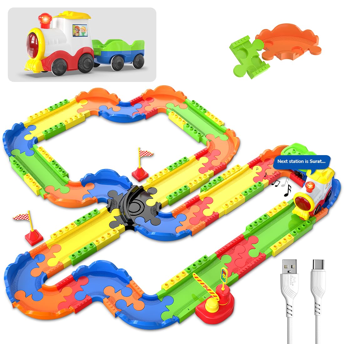 Mirana Interlocking Colorful Track, Rechargeable Engine Block Rider Toy Train Set with Sound And Light For Kids - 82 Pcs - Color May Vary