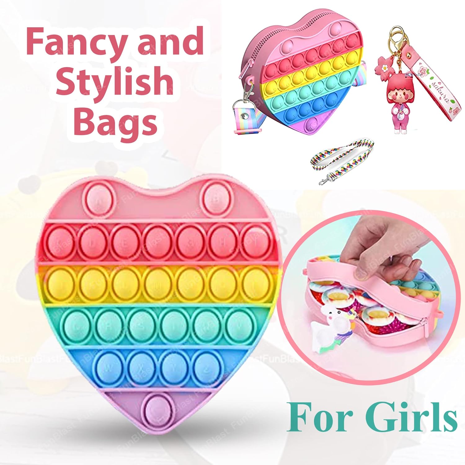 Pop It Sling Bag – Heart Shape Pop It Cross Body Bag for Kids, Pop It Purse for Girls, Birthday Gift for Girls, Toys for Girls, Pop It Game, Pouch for Girls (Set 1, Multicolor)