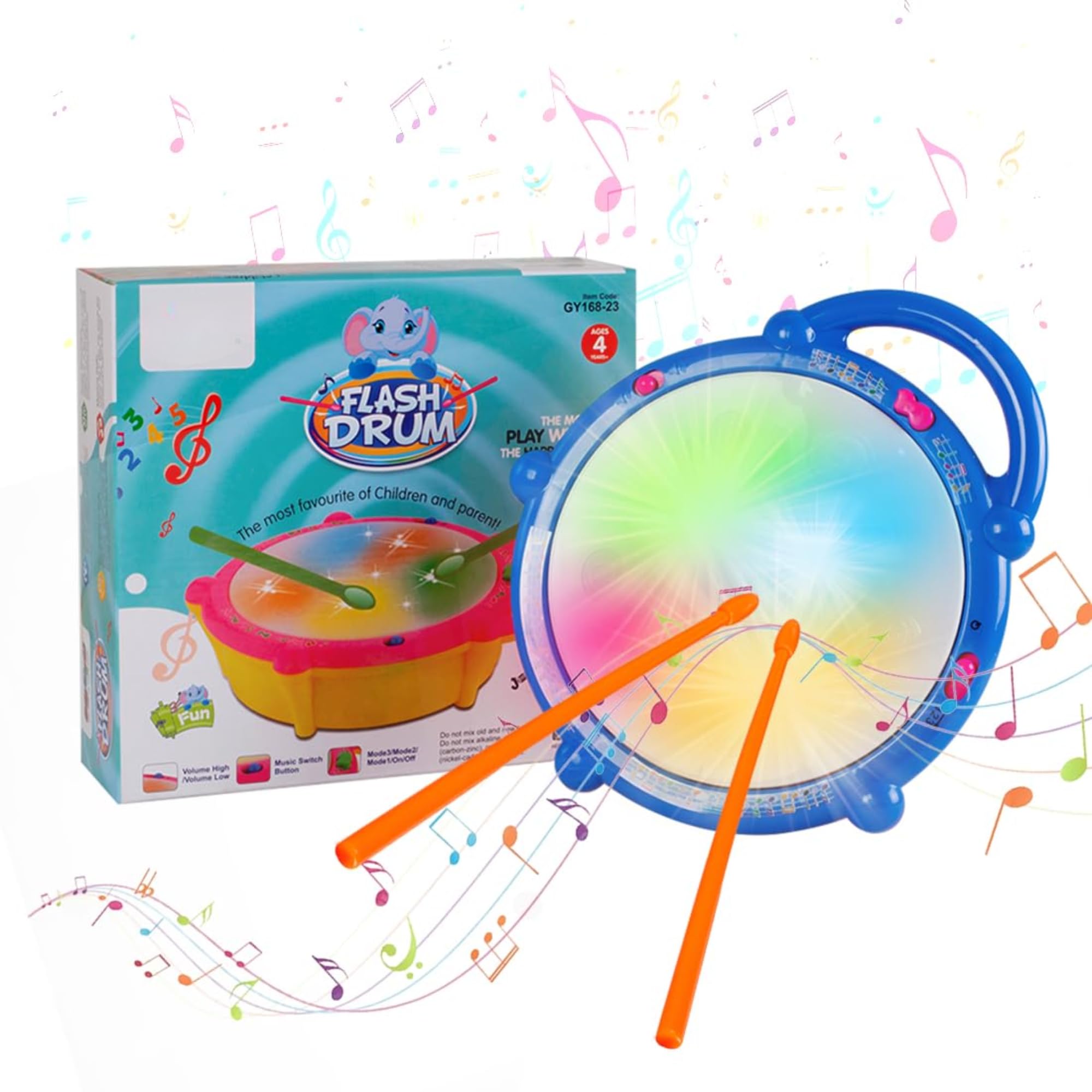 Battery Operated 3D Flash Drum Toy with Flash Light & Music Effects | Dynamic Musical Instrument Toy with 2 Mallets for Toddlers