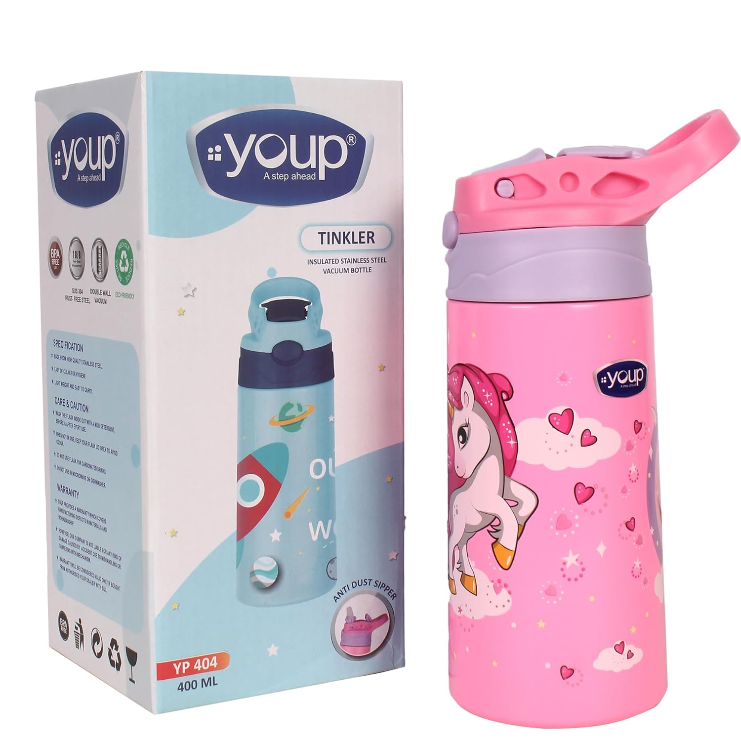 Youp Stainless Steel Insulated Purple Color Unicorn Theme Kids Anti-dust Sipper Bottle Tinkler - 400 ml