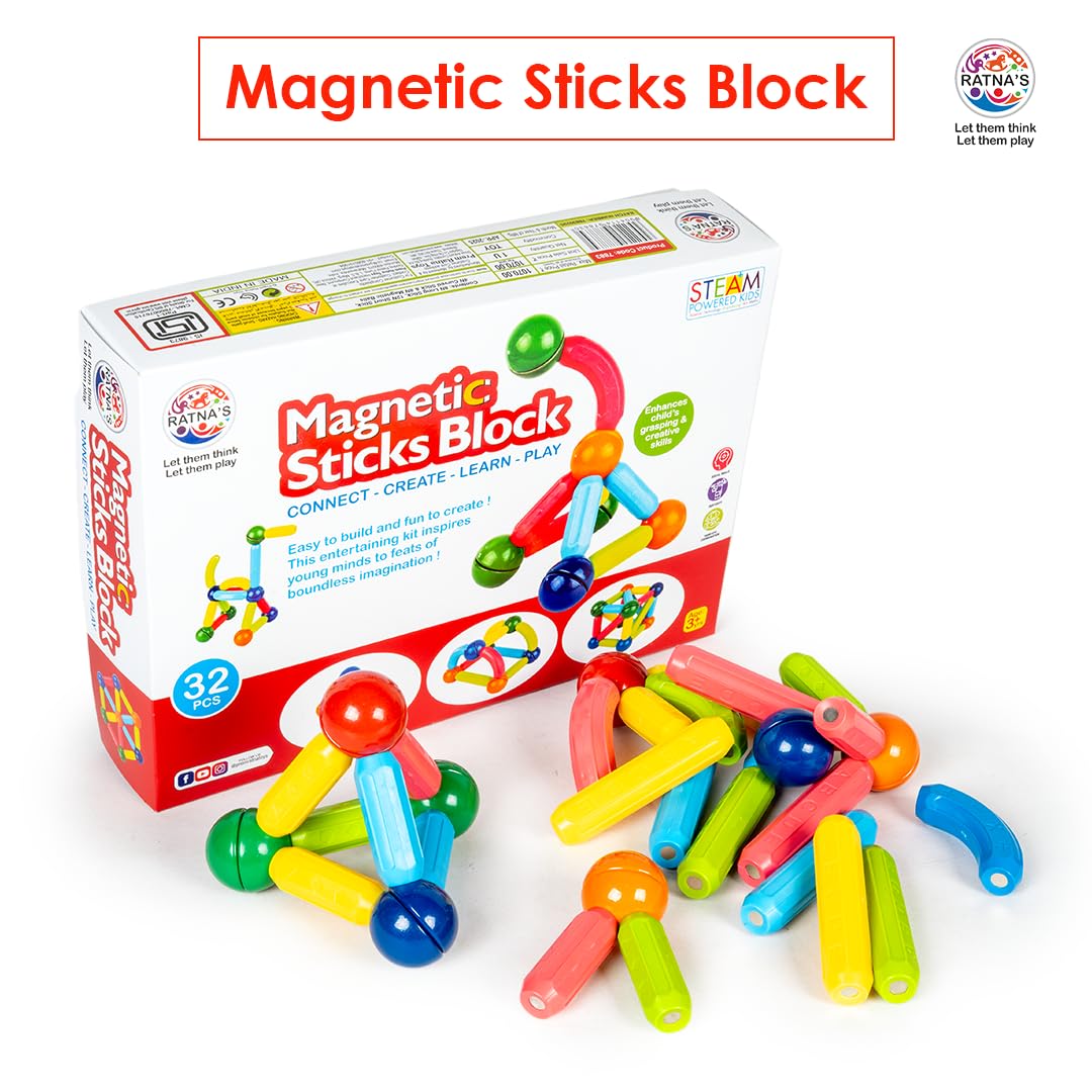Ratna's Magnetic Building Blocks Set, 32 Pieces, STEAM Learning Educational Toy with Magnetic Colourful Sticks and Balls for Kids 3+ Years