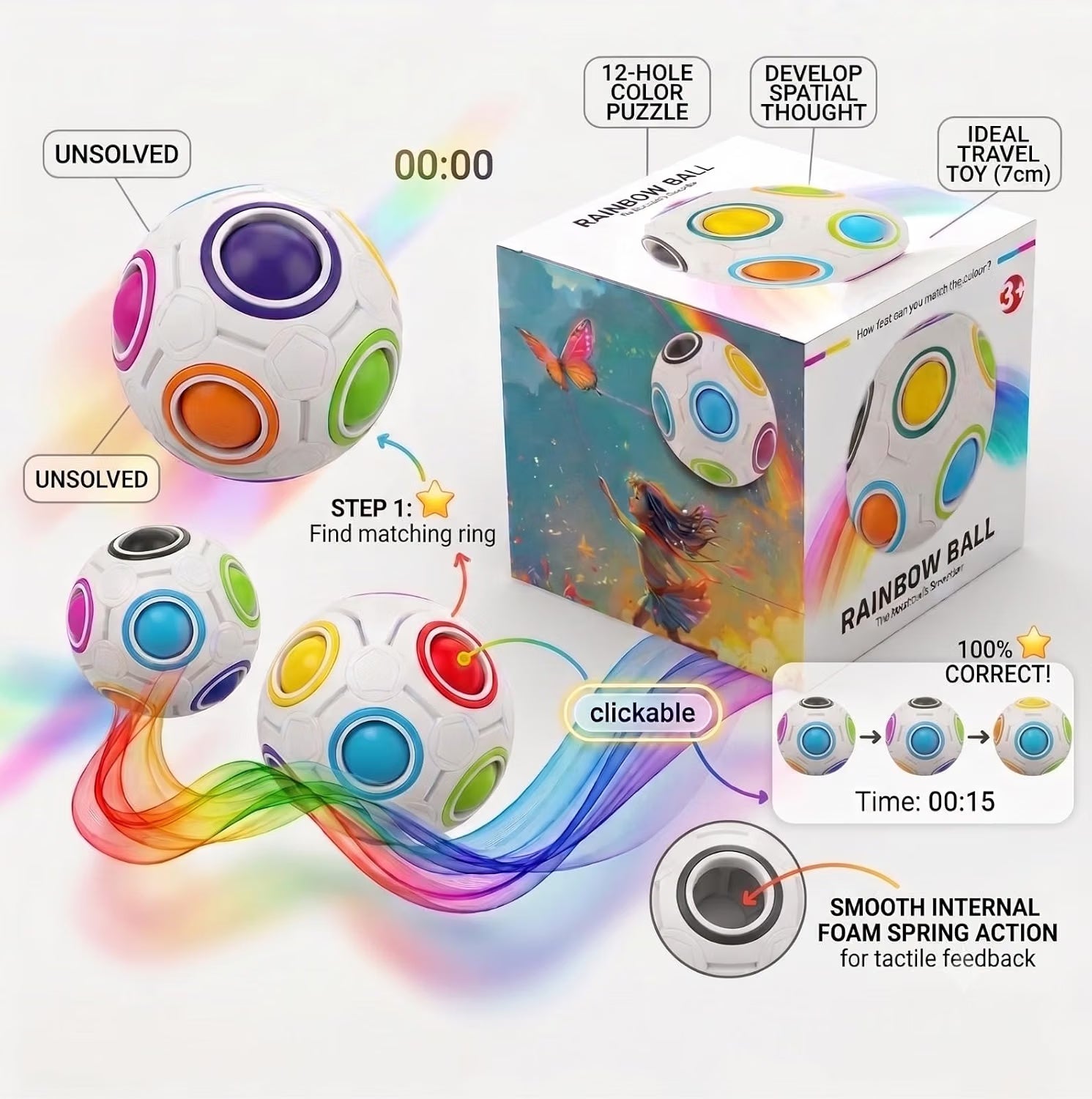 Rainbow Ball Puzzle, Color Matching Sphere Fidget Toy, Brain Teaser Stress Relief Toy for Kids & Adults, Portable Hand-Held Puzzle Game with 12 Colorful Holes