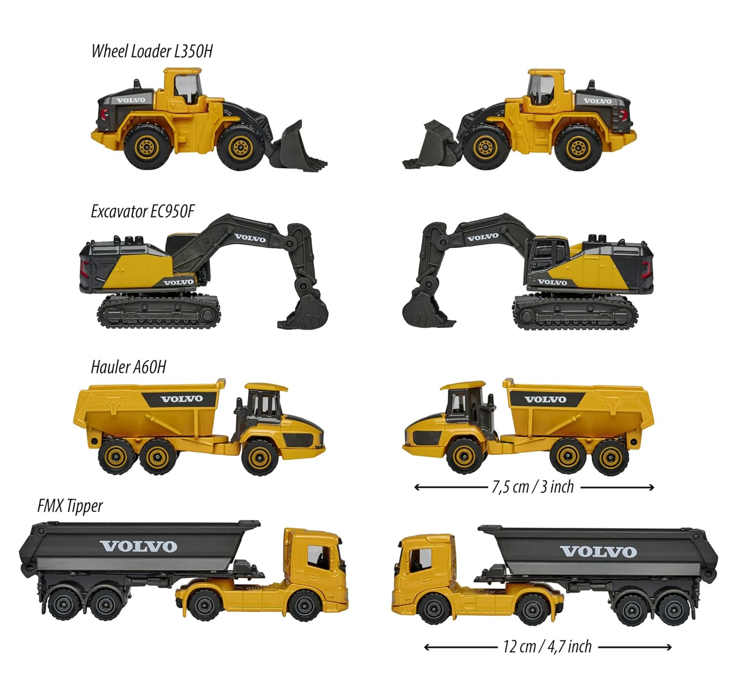 Majorette Volvo Construction Vehicle Toy Set – Excavator, Wheel Loader, Dump Truck, Articulated Hauler