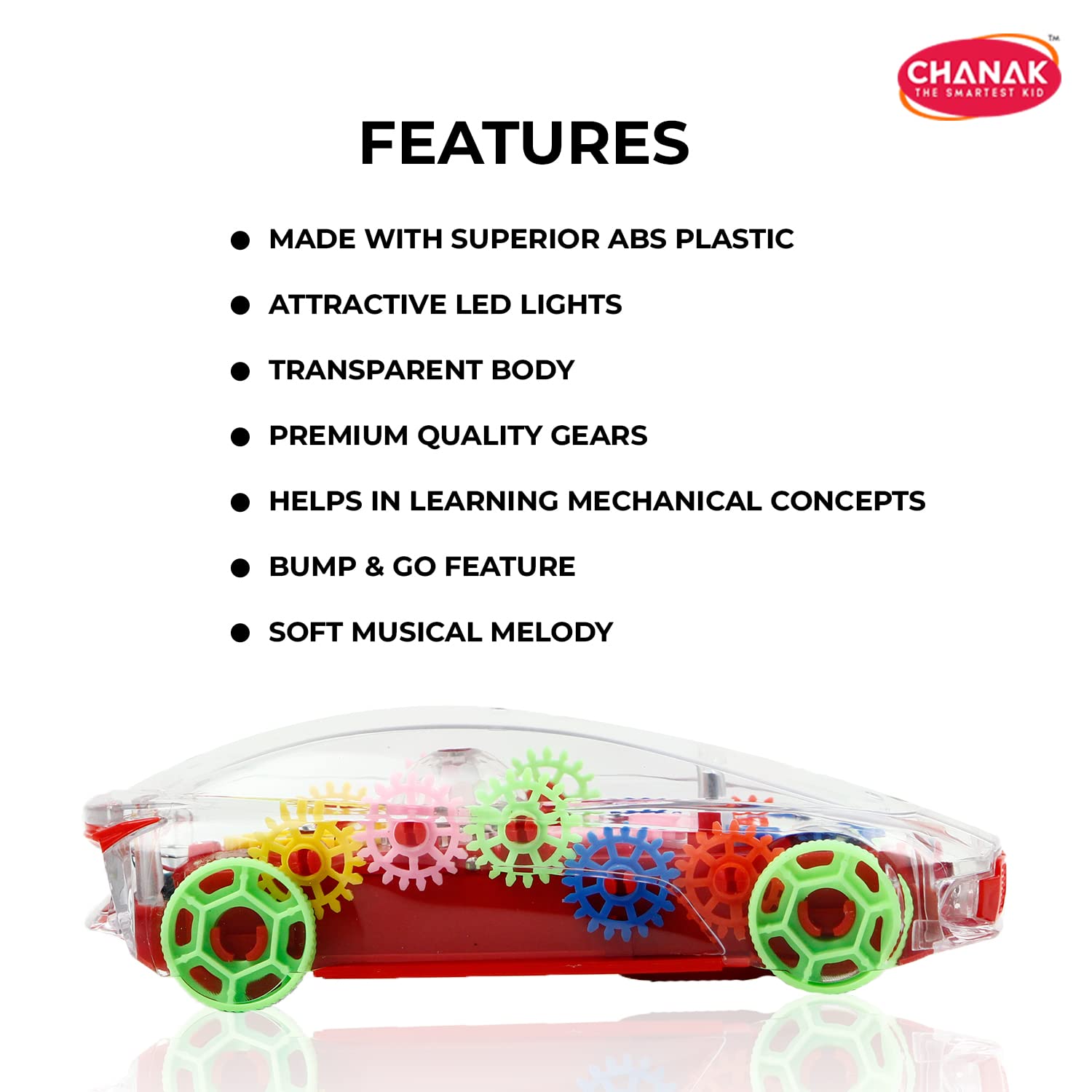 Chanak Transparent Gear Car for Kids | Concept Gear Car with Music and Light Toy | 3D Concept Plastic Car with 360 Degree Rotation