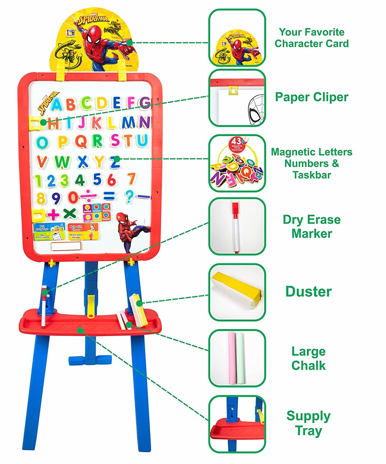 Itoys Spiderman Kids 5 in 1 Easel with Double-Sided Whiteboard & Chalkboard Standing Easel with Numbers and Other Accessories for Kids and Toddlers