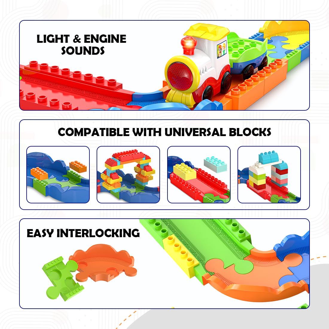 Mirana Interlocking Colorful Track, Rechargeable Engine Block Rider Toy Train Set with Sound And Light For Kids - 82 Pcs - Color May Vary