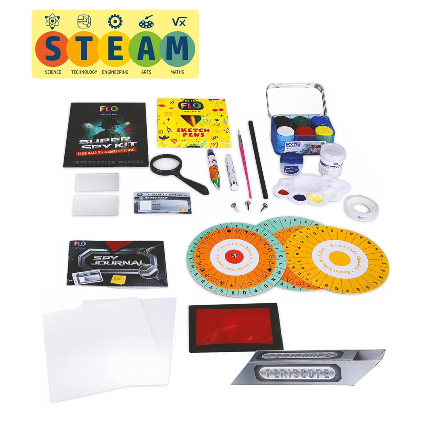 FLO Super Spy Kit for Kids | STEM Detective Gadget Toy | Build Periscope, Fingerprint Kit, Cipher Decoder, Spy Tools | Secret Agent DIY Craft Mission Game Set for Boys & Girls Ages 8+