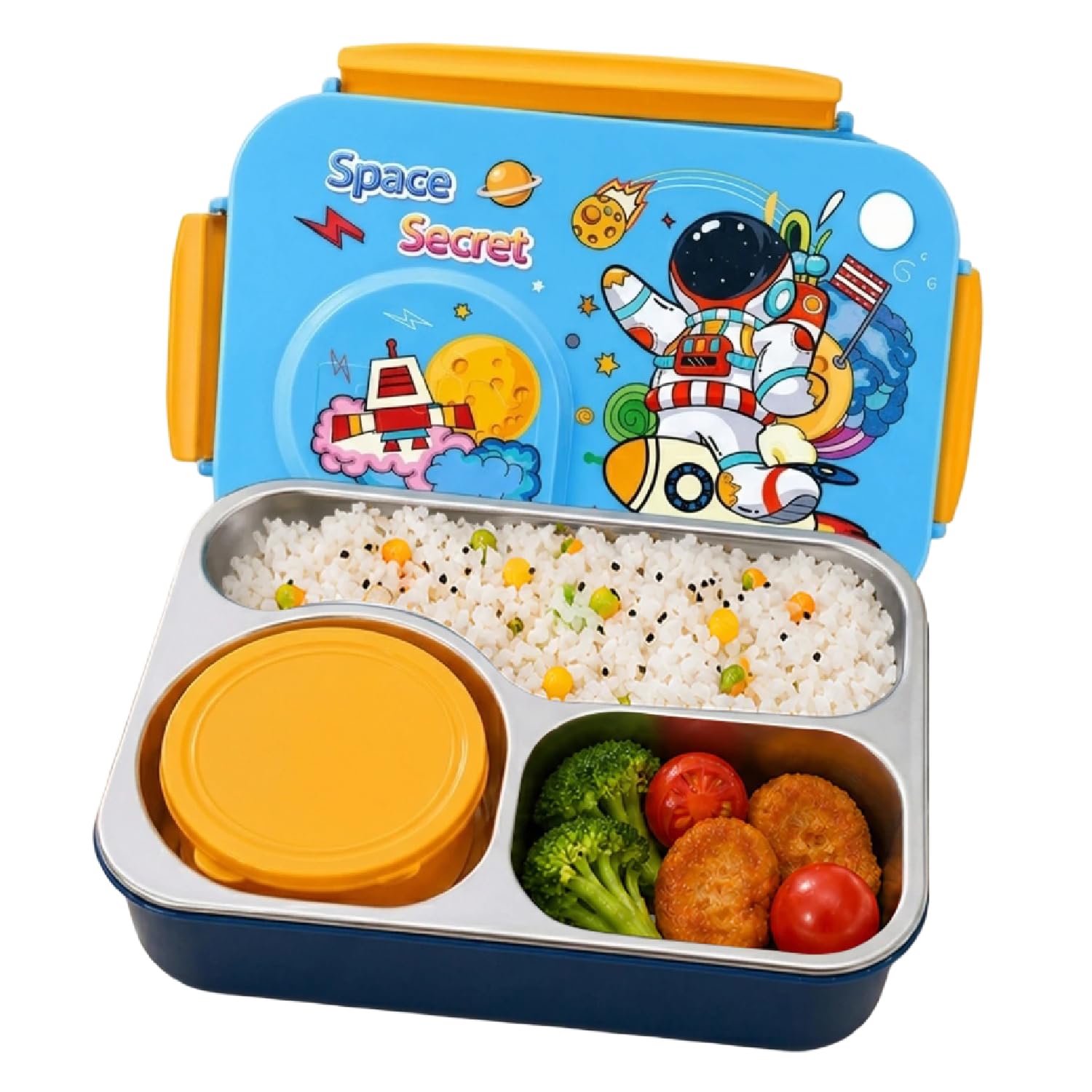Stainless Steel Kids Lunch Box 750ml + 150ml | 3 Compartment Leakproof Bento Tiffin Box with Bowl + Spoon | Block Lid | School Lunch Box for Boys & Girls | Assorted