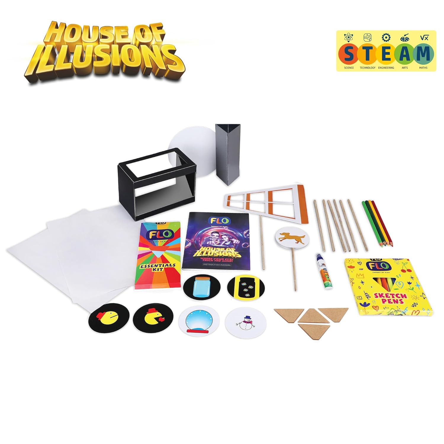 FLO House of Illusions 5-in-1 STEM Science Activity Toy Kit for Kids | DIY Kaleidoscope, Hologram Projector, Mini Hologram Theater, Thaumatrope Spinner, Ames Window | Learning Toy Set with Mirrors