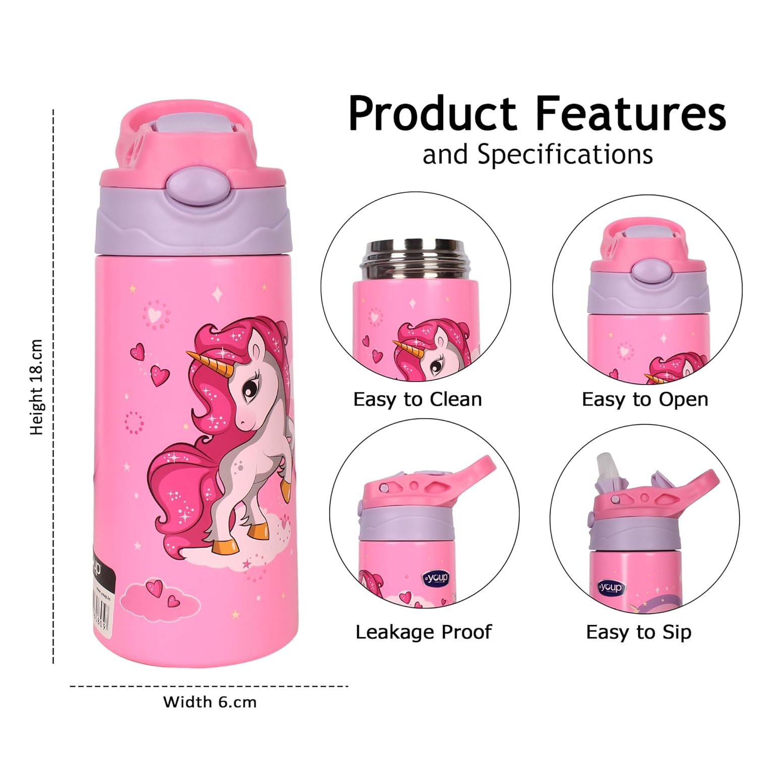 Youp Stainless Steel Insulated Purple Color Unicorn Theme Kids Anti-dust Sipper Bottle Tinkler - 400 ml