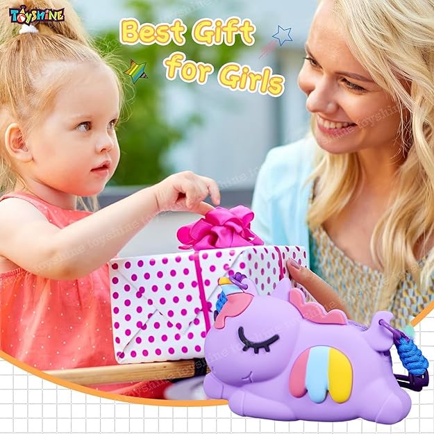 Unicorn Shape Silicone Purse for Girls Stylish Cross Body Bag with Adjustable Strap with Compact Mirror, Comb and Keychain Included