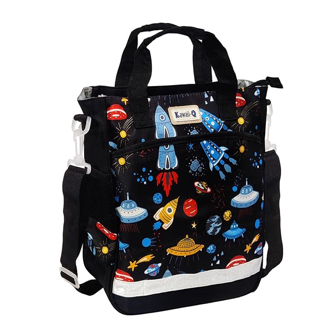 Kawaii-Q Space Print Colorful Multi-Purpose Hand Bag – Lunch Bag, Tuition Bag, Fashion Travel Bag with Handle Strap, Water-Proof Reusable Bag