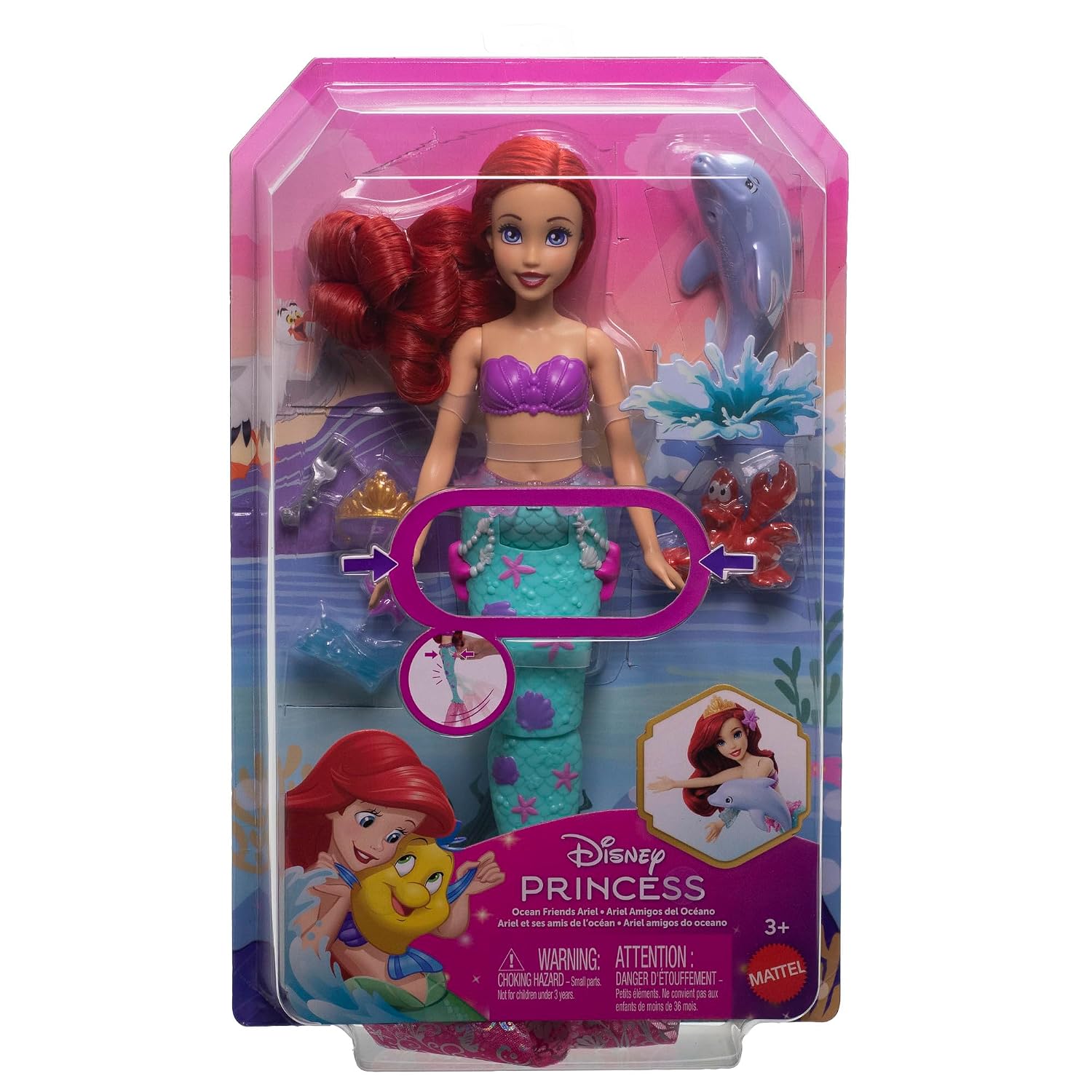 Mattel Disney Princess Ariel Swimming Mermaid Fashion Doll with Dolphin Water Squirter, Sebastian Figure & 4 Accessories, Ocean Friends Water Toy