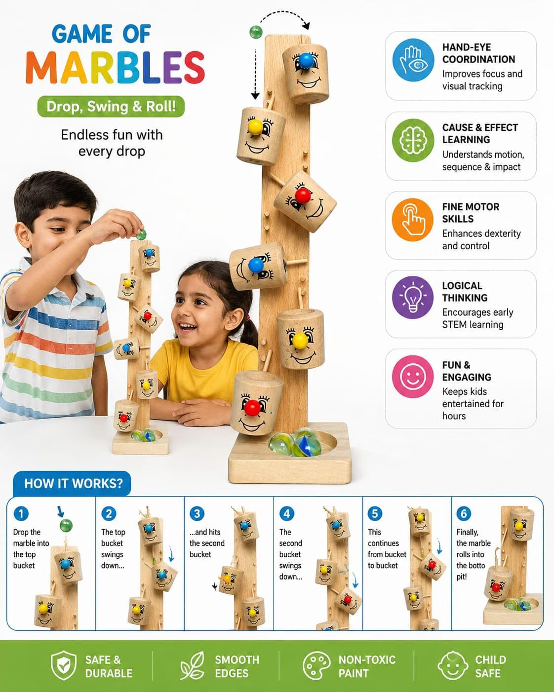 PengPai Toys Game of Marbles Wooden Ball Drop Toy for Kids - Multicolor
