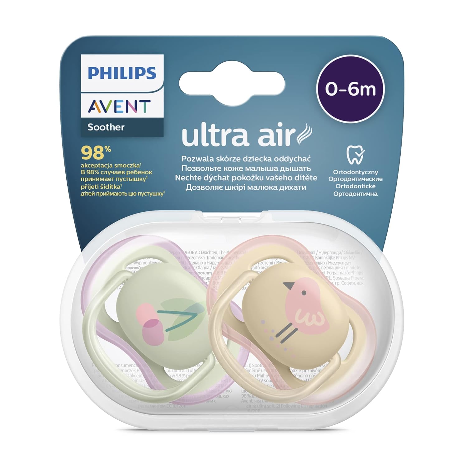 Philips Avent (0-6M+) Ultra Air Pacifier Pack Of 2 | High Ventilation | 98% Acceptance | Bpa-Free Plastic | SCF085/13 | SCF085/59