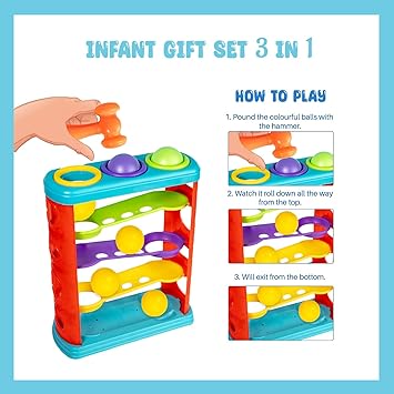 Ratna's 3 in 1 Infants Gift Set Containing Hammer Ball, Cubic Rattle & Nursery Cube Montessori Toys For Kids - Multicolor