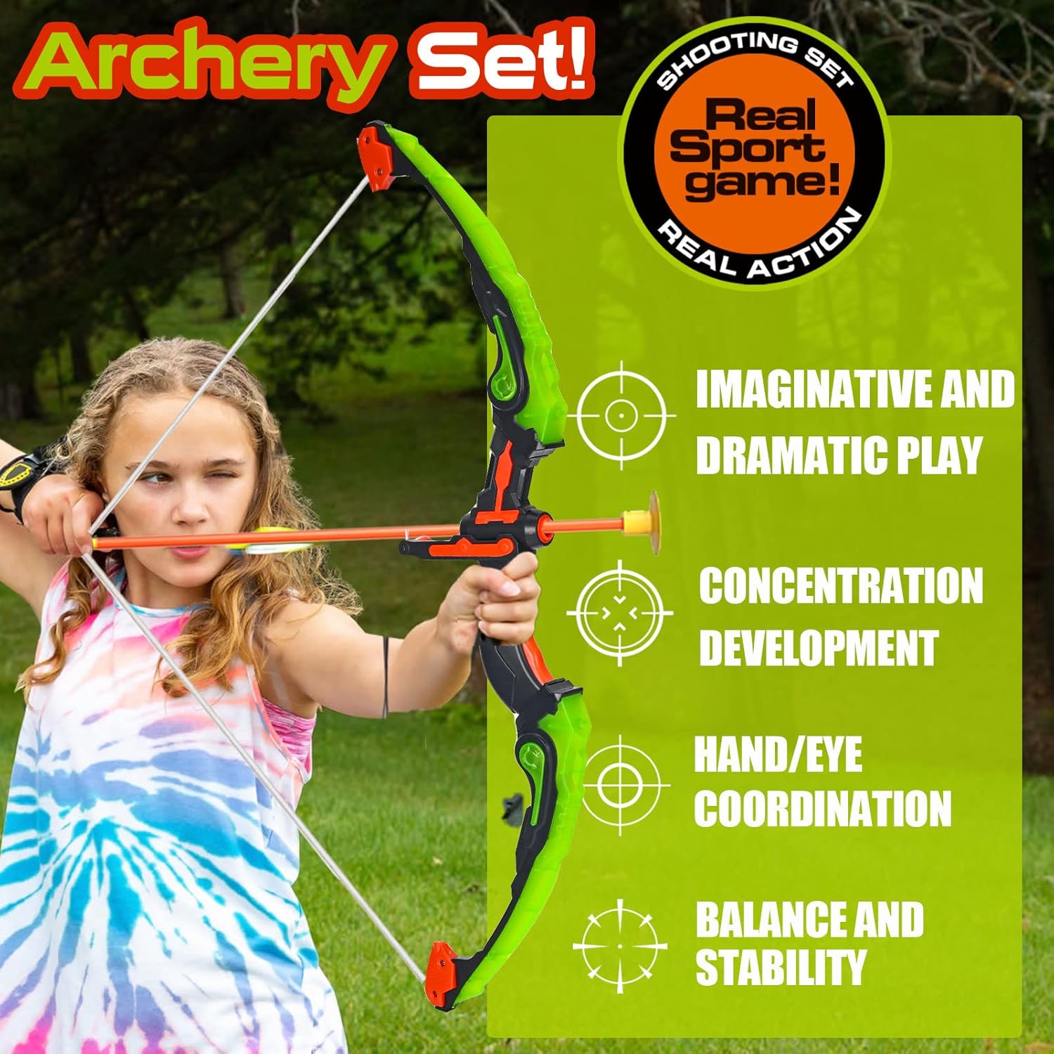 Archery Play Set with Luminous Bow, Toy Set with LED Light, Target and Quiver, Indoor & Outdoor Toy for Kids