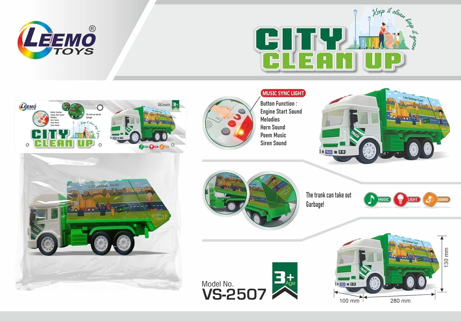 Leemo Friction Powered City Clean Up Garbage Truck Toy for Kids
