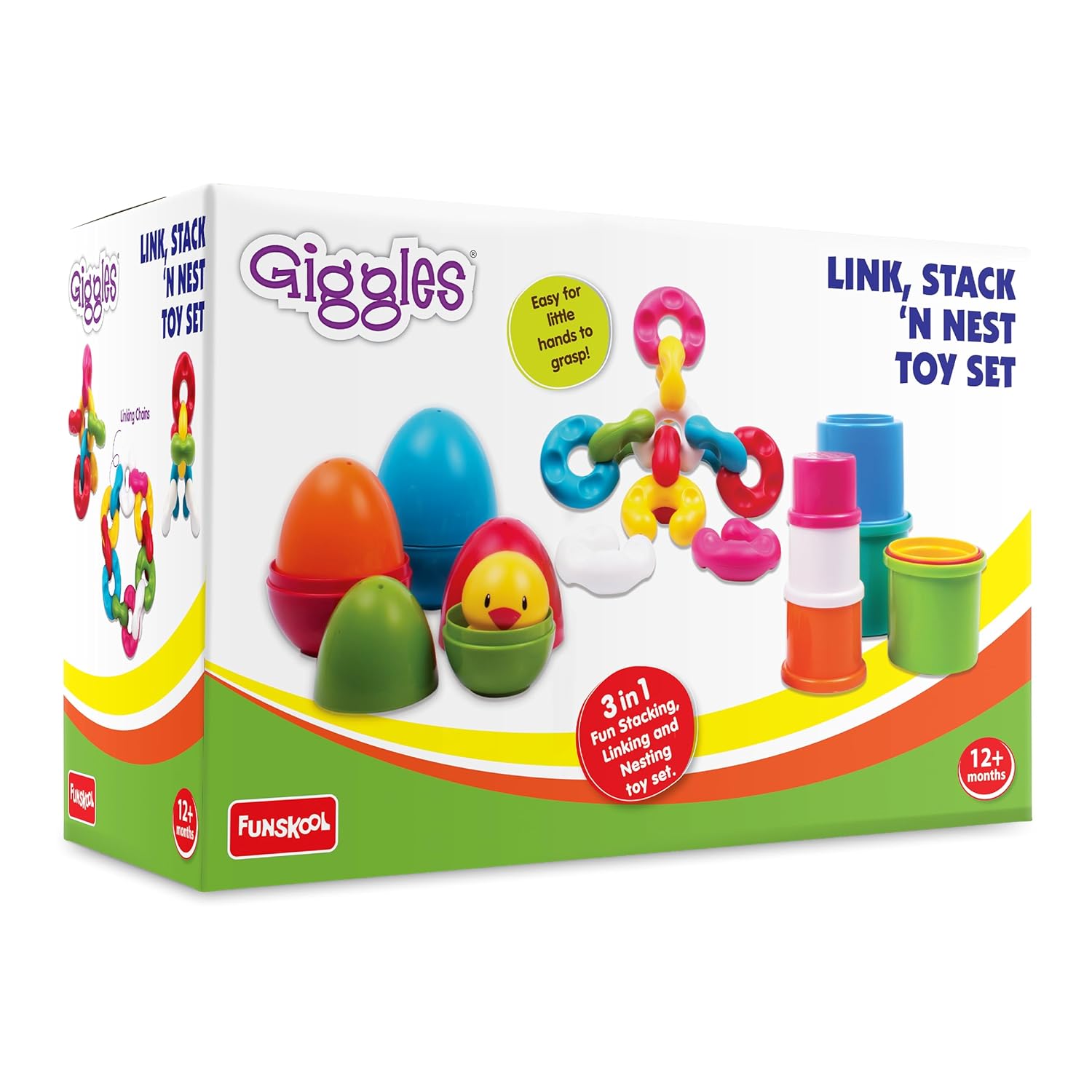 Giggles Funskool - Link Stack N Nest Toy Set, Blocks, Nesting Toy for Kids, Multicolour 3 in 1 Gift Set, Develops Motor Skills, 6 Months & Above, Infant and Preschool Toys