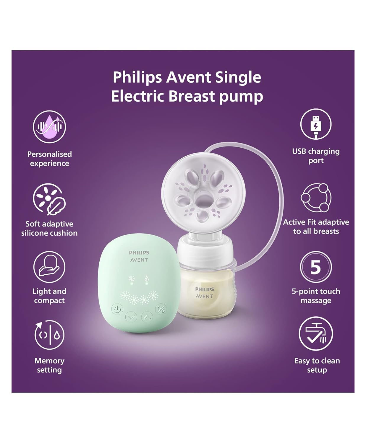 Philips Avent Electric Breast Pump: Soft Adaptive Cushion, Portable & Compact USB Charging, 4 Stimulation & 4 Expression Modes | SCF323/11