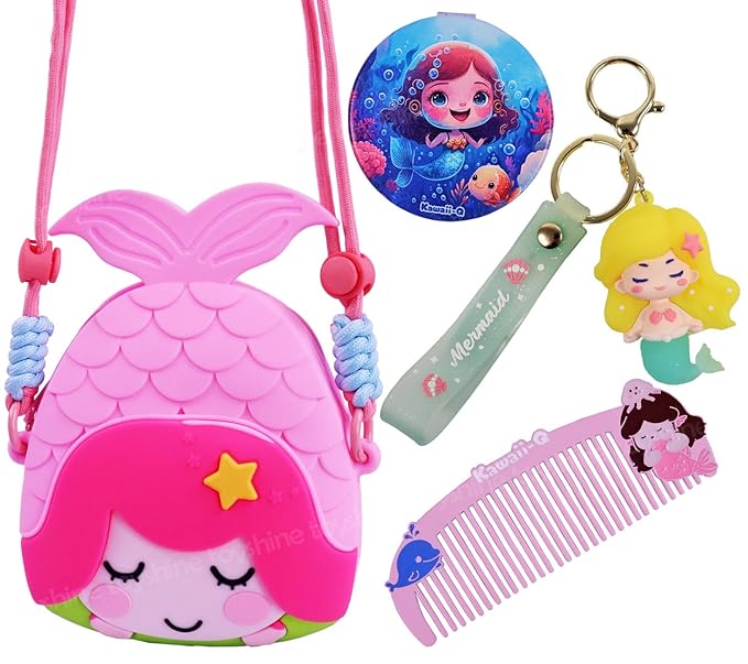 Mermaid Shape Silicone Purse for Girls Stylish Cross Body Bag with Adjustable Strap with Compact Mirror, Comb and Keychain Included - Pink
