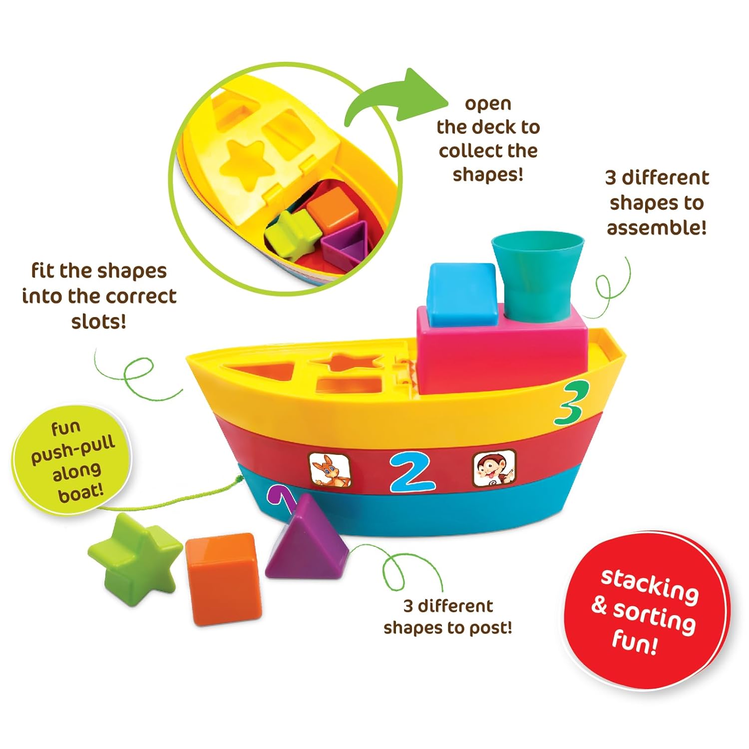 Giggles Funskool - Stack A Boat, 2 In 1 Pull Along Toy, Walking, Shape Sorting, Pretend Play, Multicolour