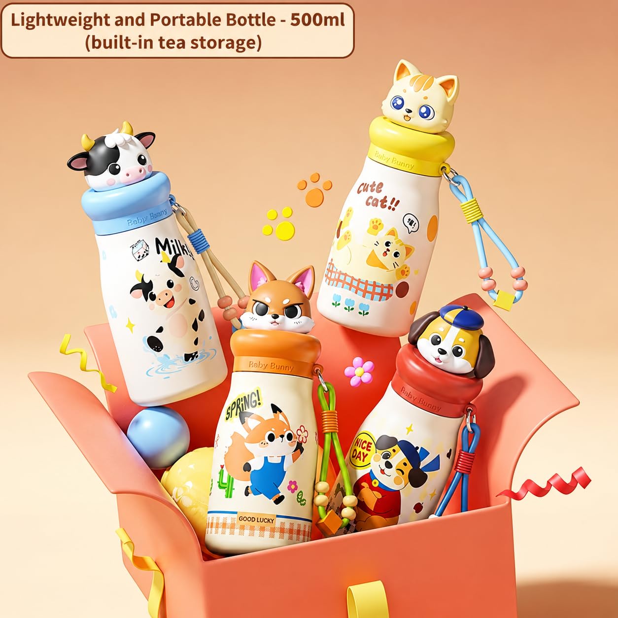 Cute Cartoon Character Stainless Steel Water Bottle with Straw, Infuser & Carrying Strap – Insulated Hot & Cold Drink Flask for Kids, School & Travel - 500ML